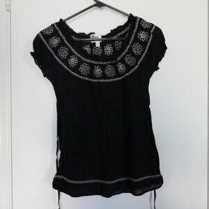 floral embroidered black puff sleeve tie back boho babydoll blouse sz S